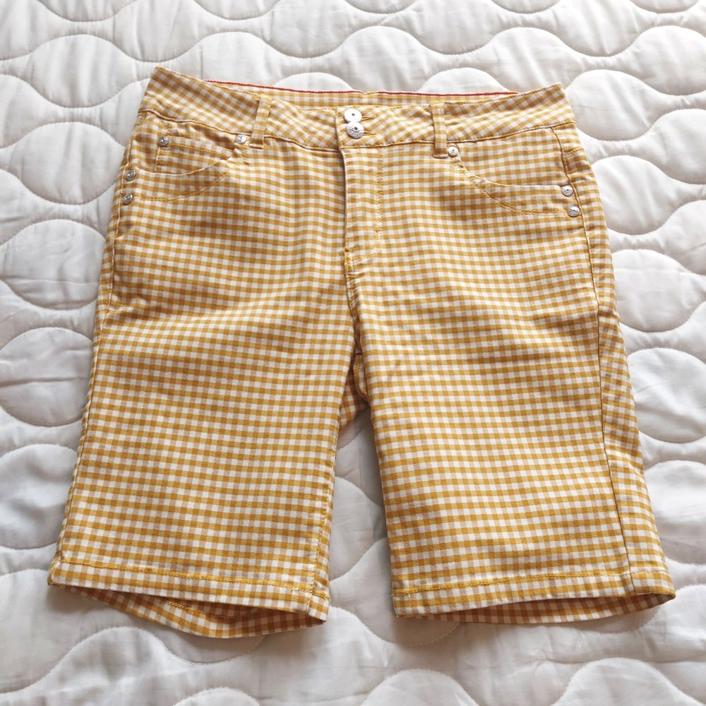 Sabrina Lauren Yellow Gingham Bermuda Shorts 14W Stretch Checkered Mid Rise